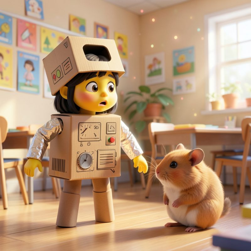 Cover of a Read Write Inc Set 3 storybook showing a child in a cardboard box robot costume facing a hamster in a classroom