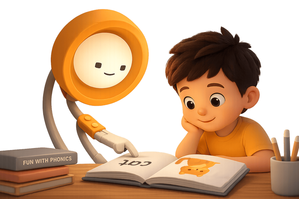 Lindo the lamp reading a phonics book with a child