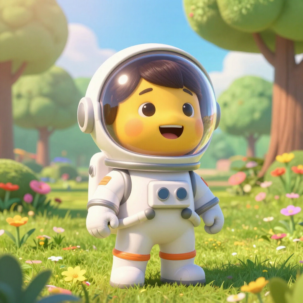 Illustration of a child in a white astronaut suit standing on grass in a sunny park
