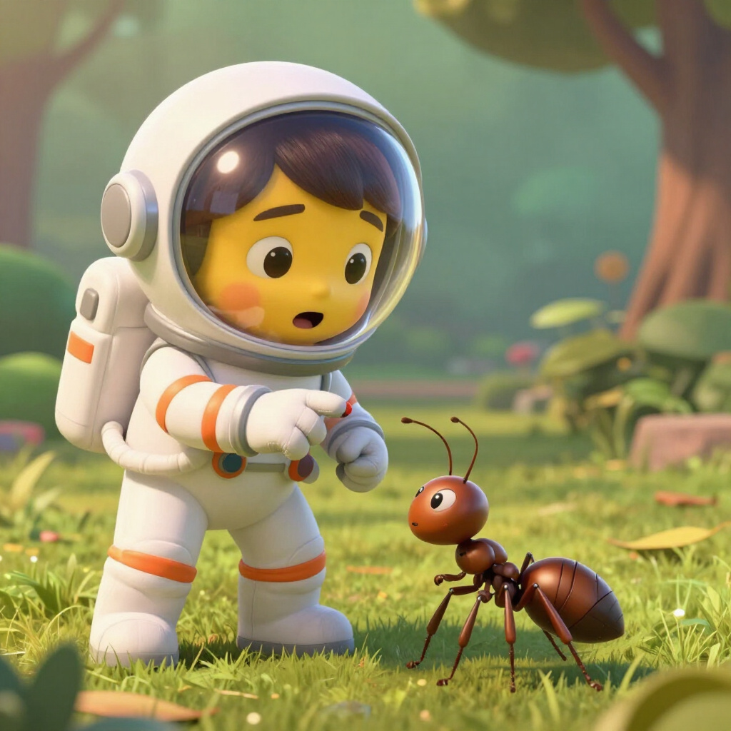 Illustration of a child in a white astronaut suit crouching on grass to look closely at a large brown ant
