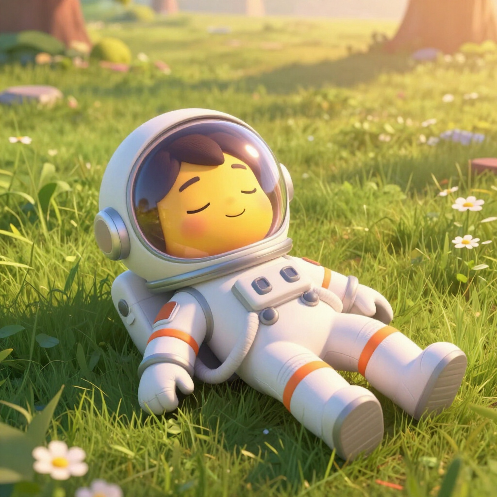 Illustration of a child in an astronaut suit lying contentedly on sunlit grass among daisies, eyes closed