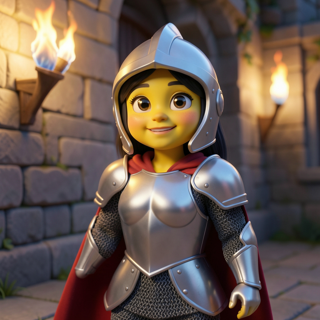 Illustration of a child dressed as a knight in silver armour and a red cape, standing in a torchlit stone castle courtyard at dusk