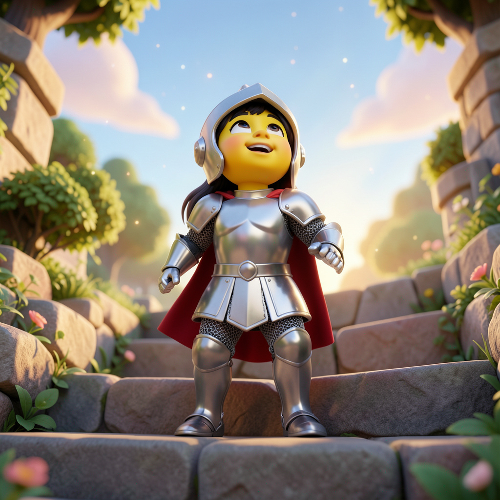 Illustration of a child dressed as a knight in silver armour and a red cape, standing on stone steps and looking up at a sunlit sky