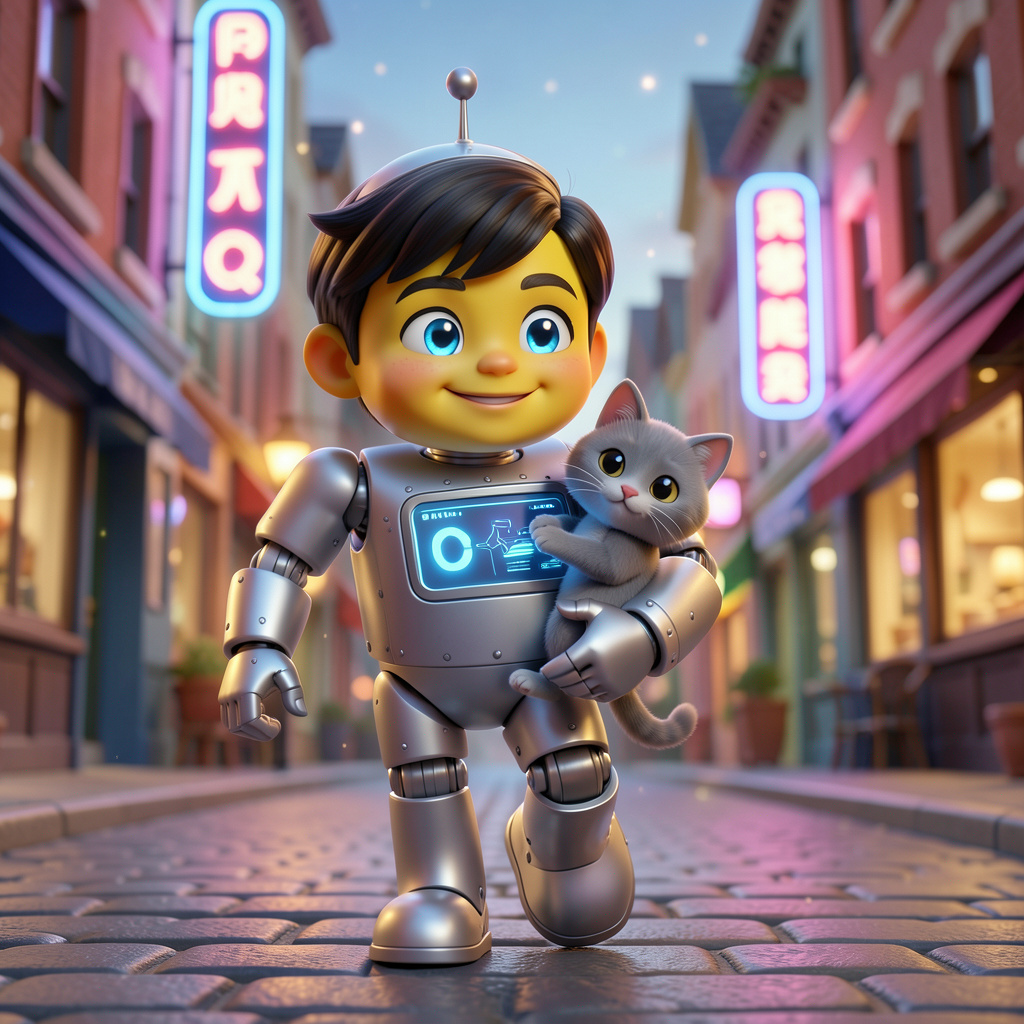 Illustration of a child in a silver robot costume carrying a grey kitten along a neon-lit city street at night