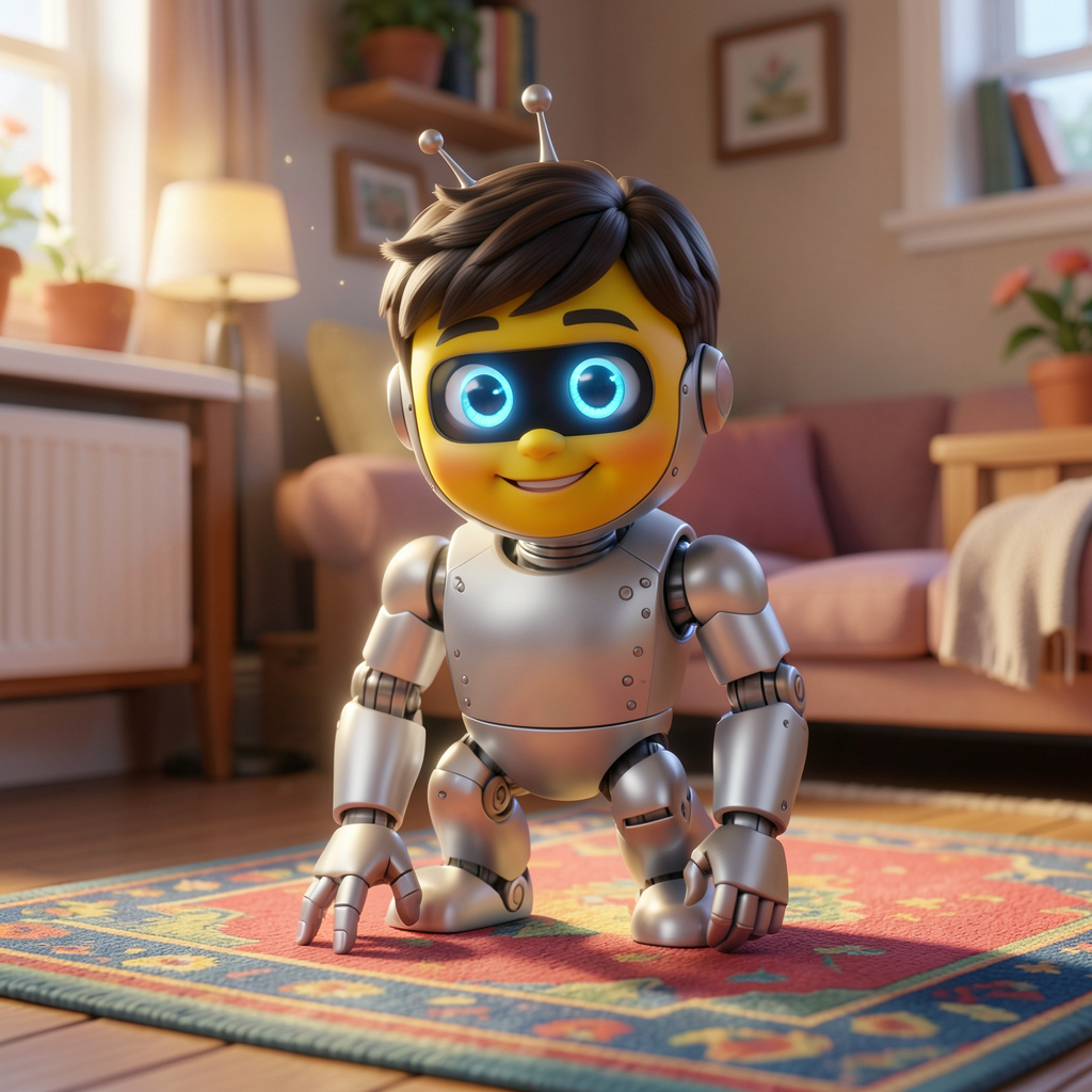 Illustration of a child in a silver robot costume crouching on a patterned rug in a sunlit living room