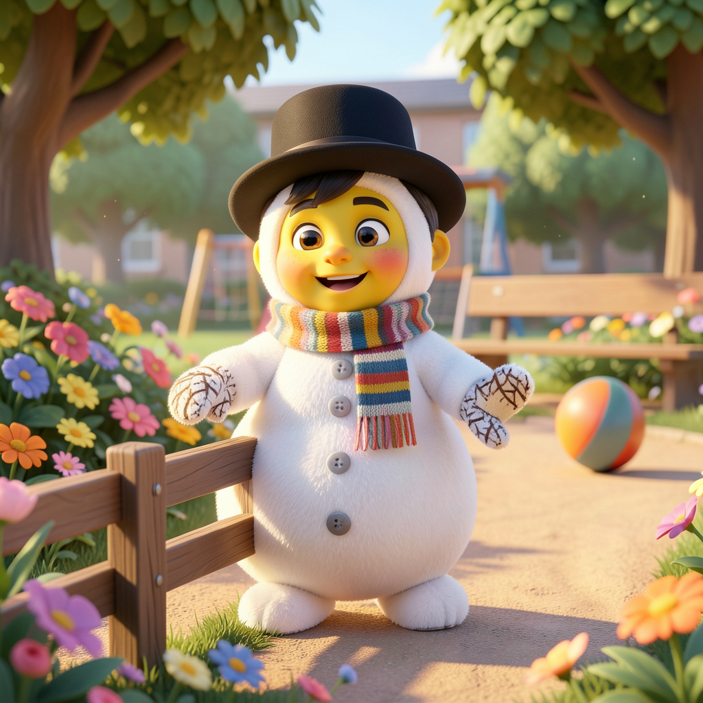 Illustration of a child in a snowman outfit with a striped scarf and bowler hat standing on a sunny playground path