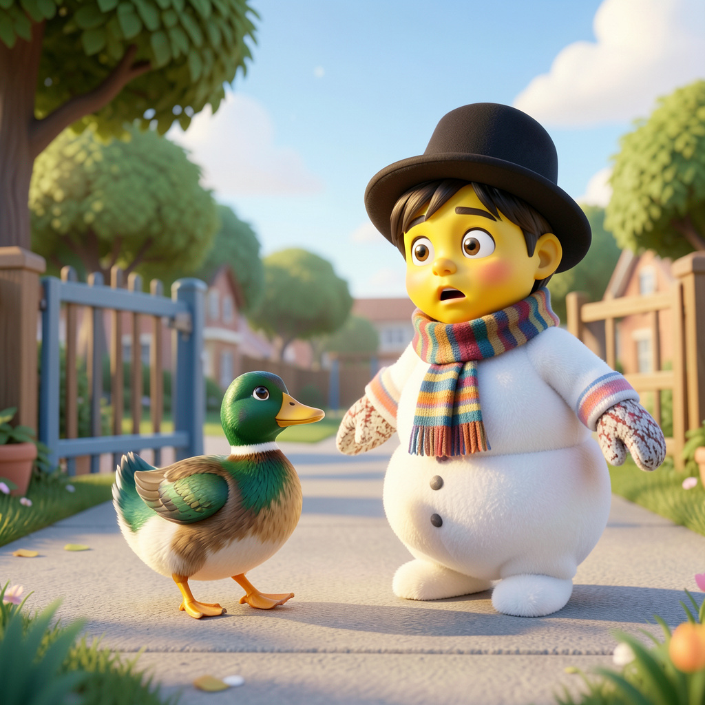 Illustration of a child in a snowman outfit with a striped scarf and bowler hat meeting a mallard duck on a sunny garden path
