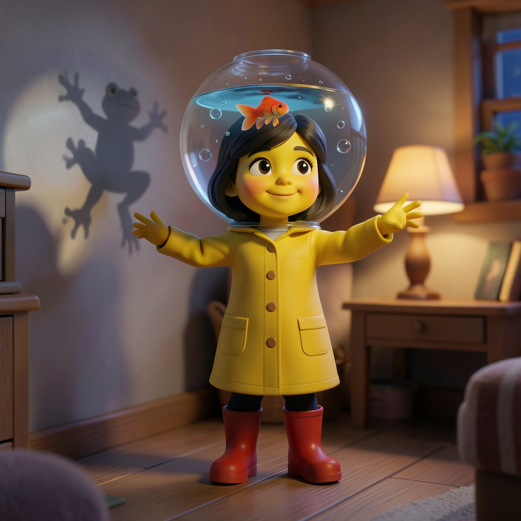 Illustration of a child in a yellow raincoat and red wellies making a frog shadow puppet on a bedroom wall by lamplight
