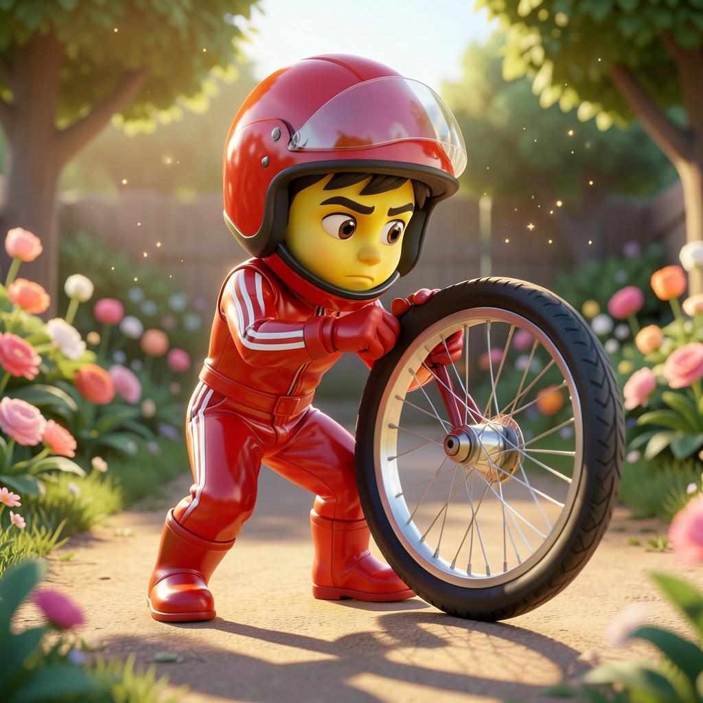 Illustration of a child in a red racing suit and helmet steadying a bicycle wheel on a garden path lined with flowers