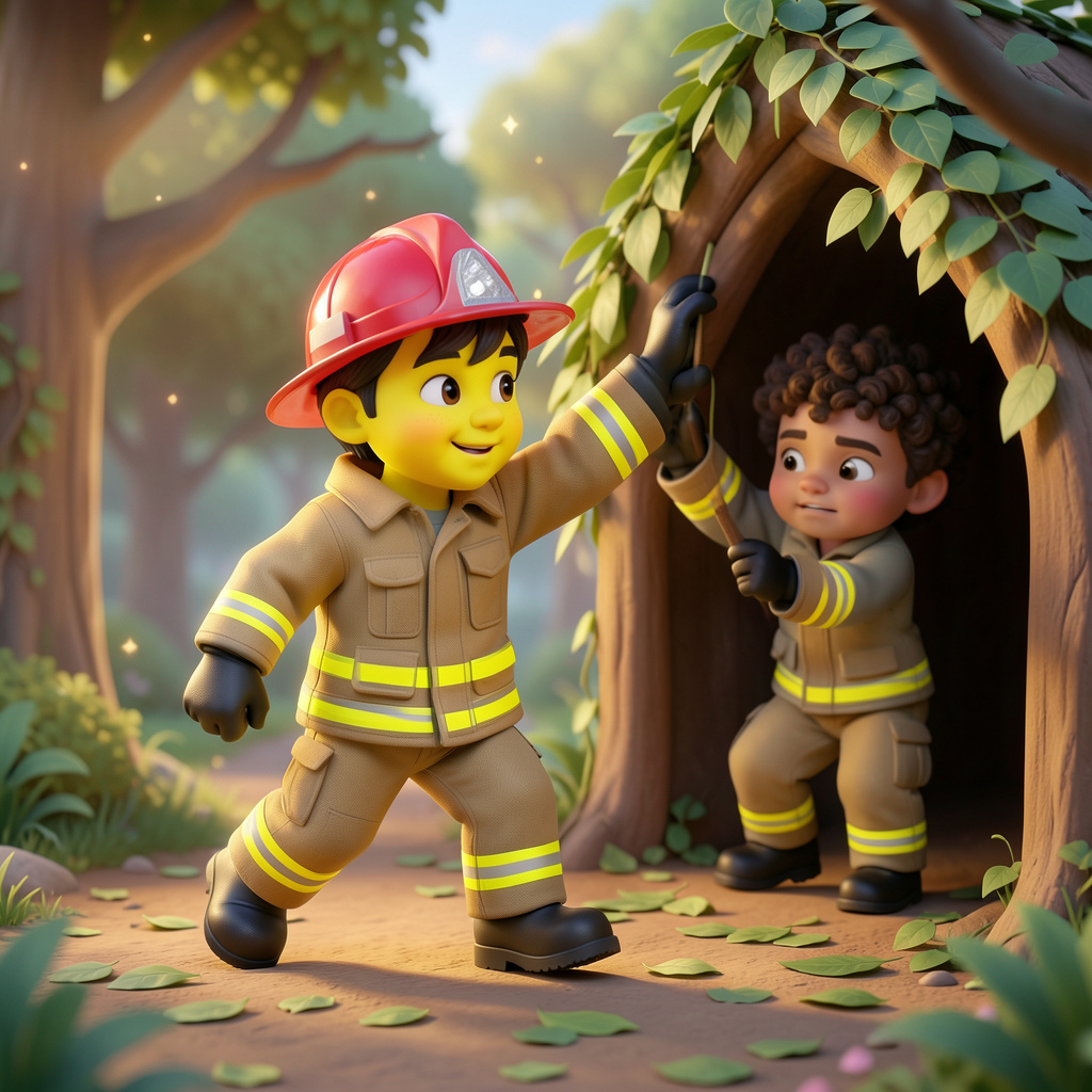 Illustration of two children in firefighter kit building a woodland den, one reaching up to hold a leafy branch in place